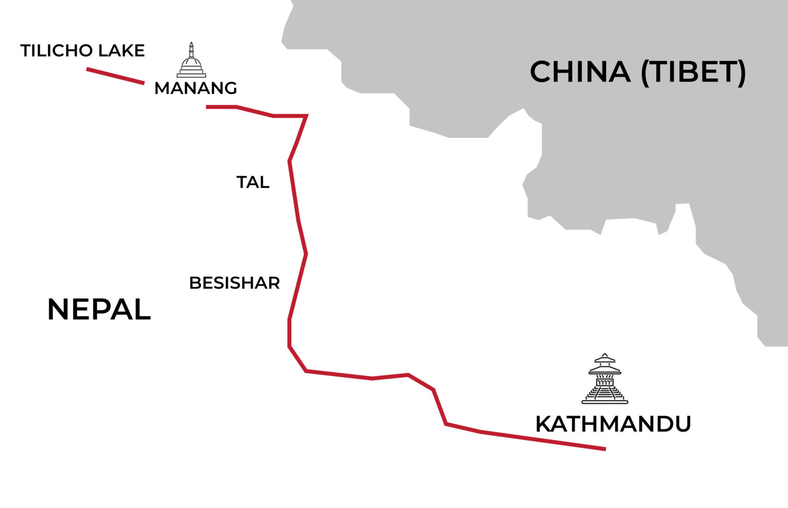 Map of the Kathmandu to Manang and Tilicho Lake motorcycle route